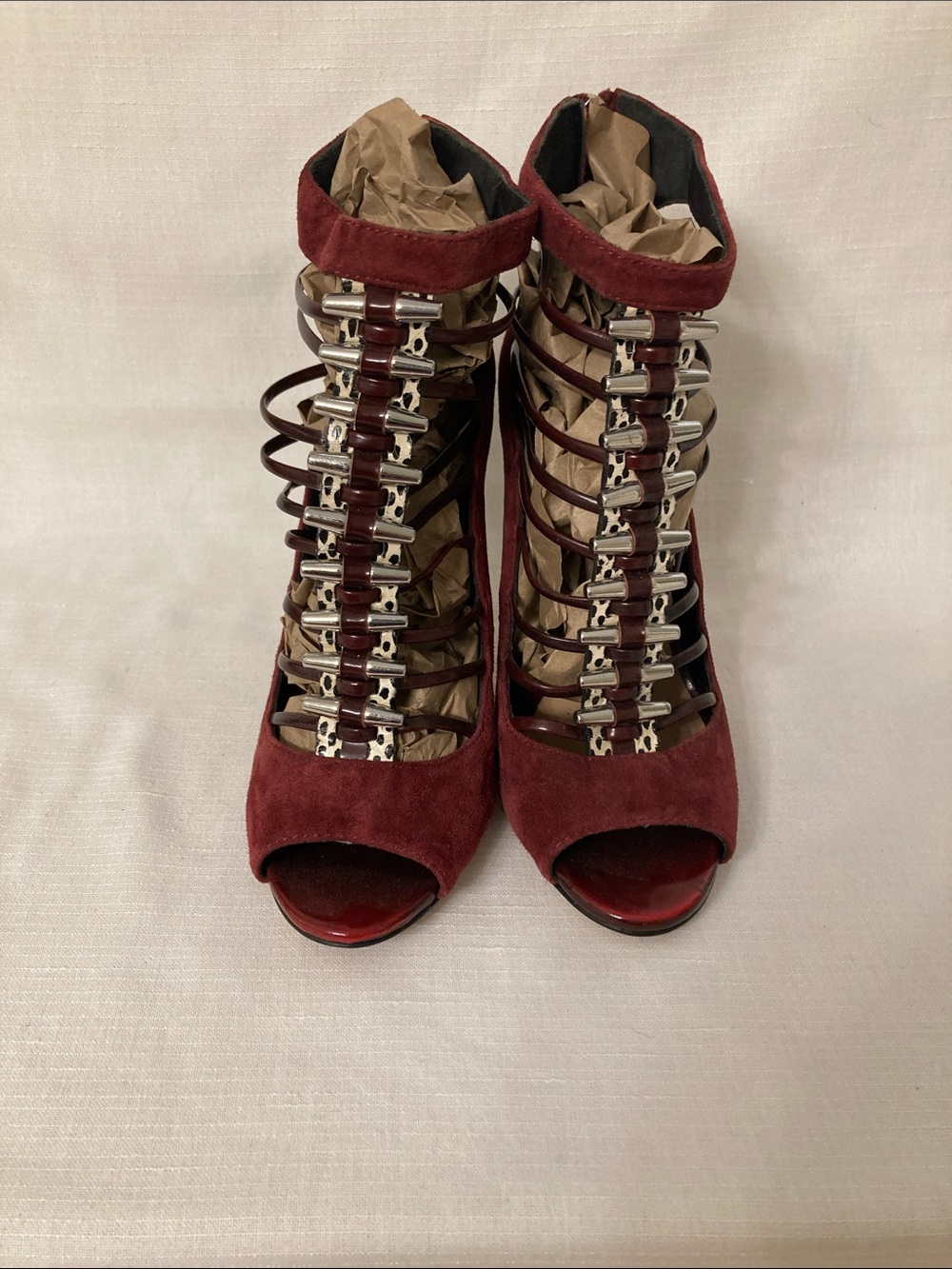 L.A.M.B. Burgundy Suede Cage Lace-Up Peep-Toe Heels